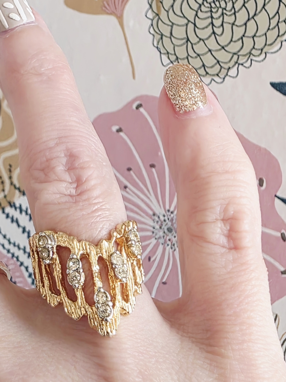Vintage MCM Gold Textured Statement Ring with Clear Crystals - Women Jewelry